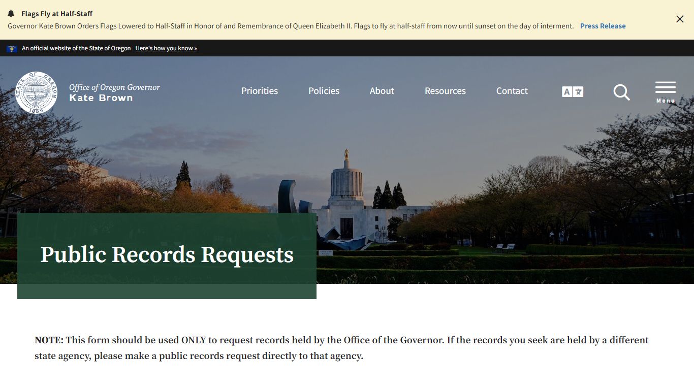 Governor of Oregon : Public Records Requests : State of Oregon